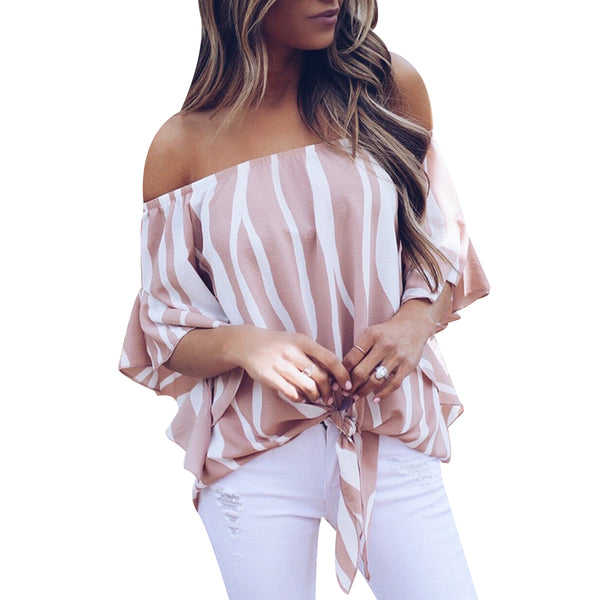 Women Striped Off Shoulder Blouse Shirts Chiffon Sexy Waist Tie Flare Sleeve Tops