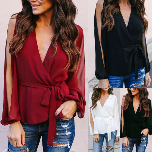Fashion Ladies Casual Tops Shirt Women Loose V Neck Lace Up Blouses Solid Long Sleeve Blouse