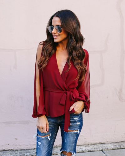 Fashion Ladies Casual Tops Shirt Women Loose V Neck Lace Up Blouses Solid Long Sleeve Blouse