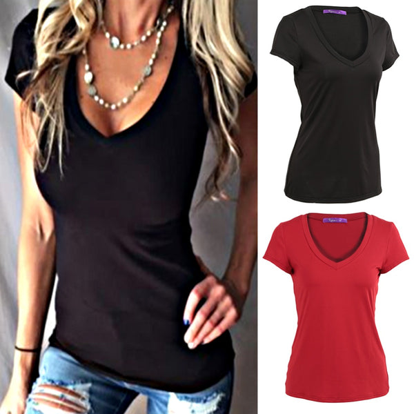 Women Basic Tops Deep V-Neck T-Shirt Short Sleeve Tees Shirt Tunic