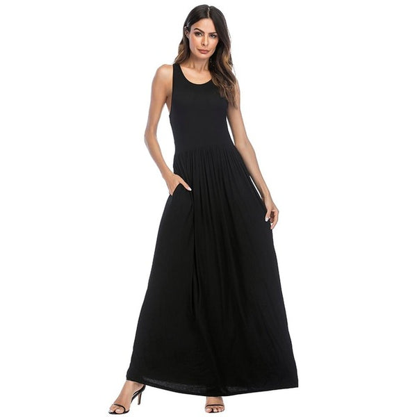 Women Maxi Dress Solid Round Neck Sleeveless Racer Back High Waist Casual Summer Dresses Pleated Pockets Gown Sundress