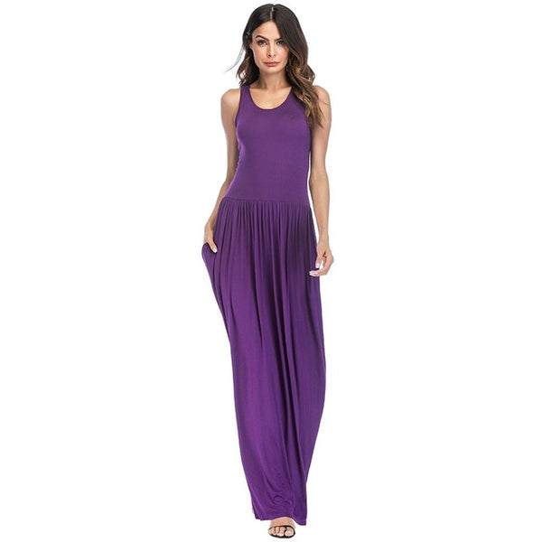 Women Maxi Dress Solid Round Neck Sleeveless Racer Back High Waist Casual Summer Dresses Pleated Pockets Gown Sundress