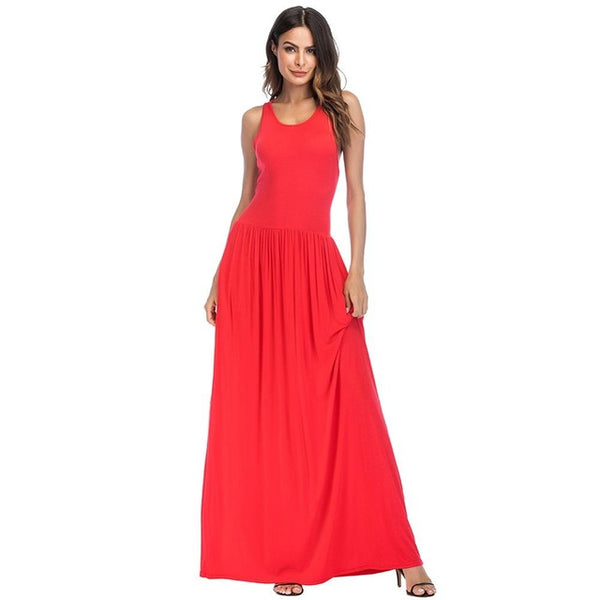 Women Maxi Dress Solid Round Neck Sleeveless Racer Back High Waist Casual Summer Dresses Pleated Pockets Gown Sundress