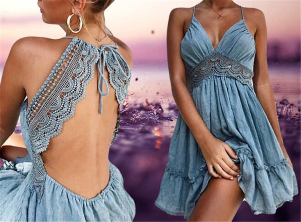 Sexy Crochet Lace Backless V Neck Summer Dress Women Strap Sleeveless Hollow Out Short Dress Casual Beach Party Dresses