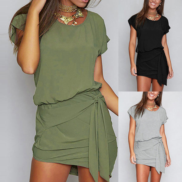 Women Short Sleeve Solid Color O Neck Casual Belt Dress Mini Dress