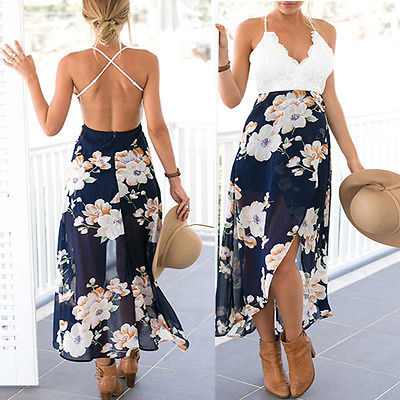 Women Ladies Clothing Dresses Maxi Boho Floral Summer Beach Deep V Neck Backless Dress Party Women Sundress