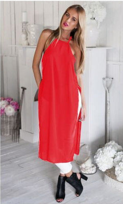 Sexy New Summer Autumn Fashion Sexy Sleeveless solid Casual Loose Long Cami Shirt Split Dress