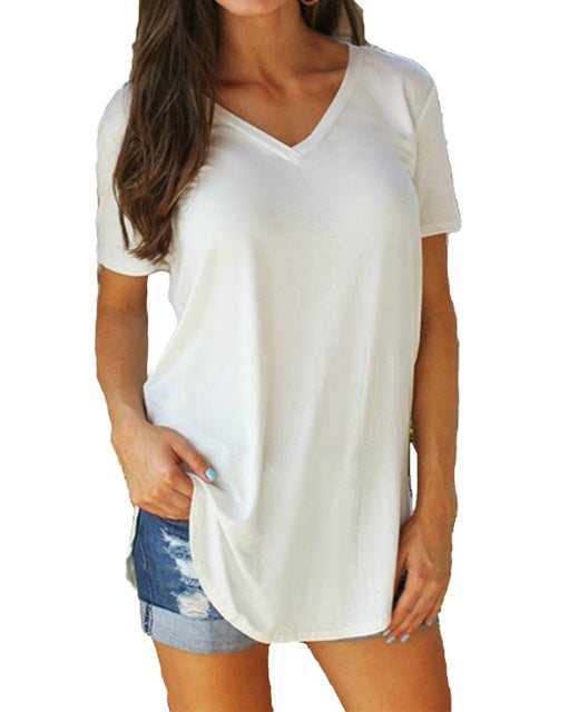 Solid V Neck Short Sleeve Casual Tee Shirt Tops