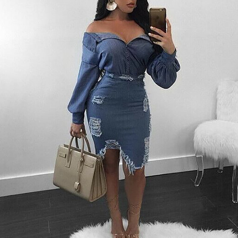 Women Sexy Off Shoulder Slinky Long Sleeve Distressed Denim Two