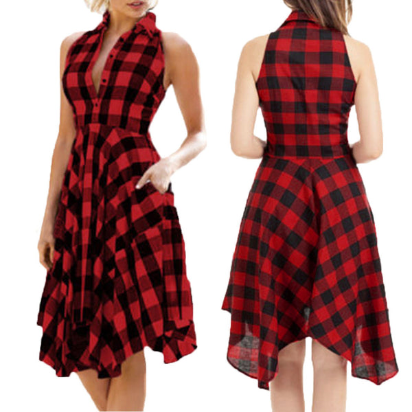 Women Vintage Bodycon Plaid Sleeveless Zipper Red Dress