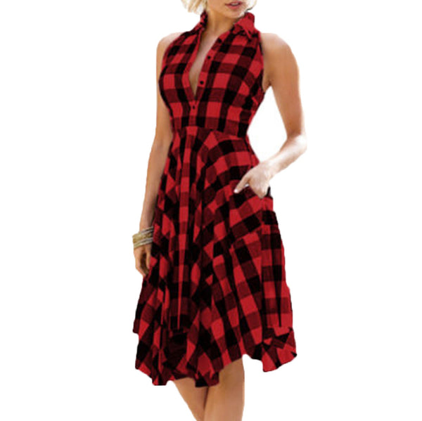 Women Vintage Bodycon Plaid Sleeveless Zipper Red Dress