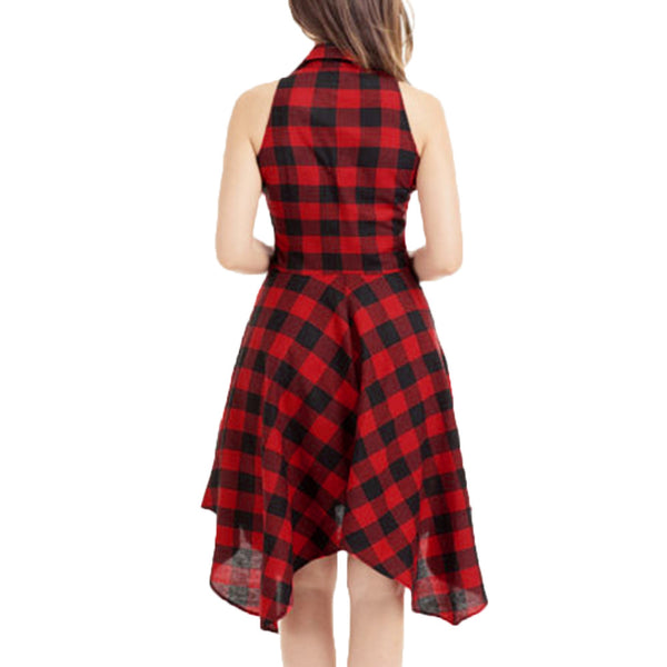Women Vintage Bodycon Plaid Sleeveless Zipper Red Dress
