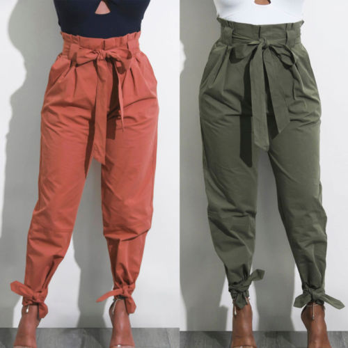 Women Chiffon High Waist Harem Pants Bow Tie Drawstring Sweet Elastic Waist Pockets Casual Trousers