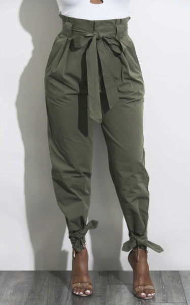 Women Chiffon High Waist Harem Pants Bow Tie Drawstring Sweet Elastic Waist Pockets Casual Trousers
