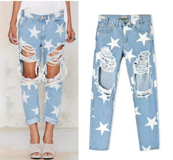Women Ripped Hole Vintage Star Prints Boyfriend Jeans