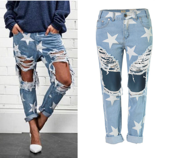 Women Ripped Hole Vintage Star Prints Boyfriend Jeans