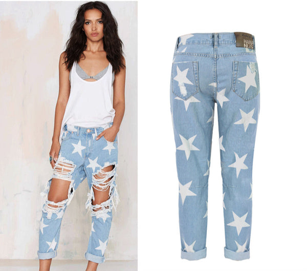 Women Ripped Hole Vintage Star Prints Boyfriend Jeans