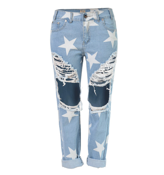 Women Ripped Hole Vintage Star Prints Boyfriend Jeans