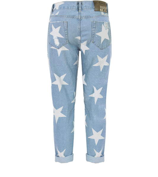 Women Ripped Hole Vintage Star Prints Boyfriend Jeans