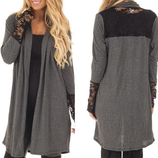 Women Casual Loose Lace Patchwork Long Sleeve Open Front Blouses Cardigan