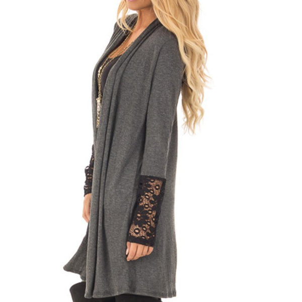 Women Casual Loose Lace Patchwork Long Sleeve Open Front Blouses Cardigan