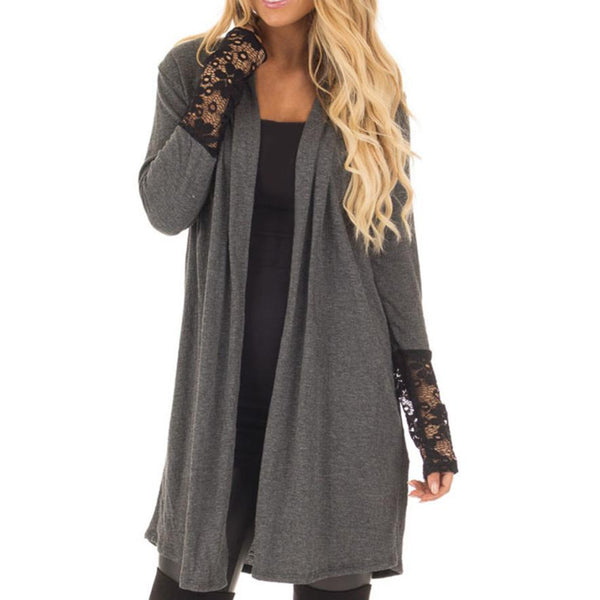 Women Casual Loose Lace Patchwork Long Sleeve Open Front Blouses Cardigan