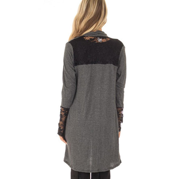 Women Casual Loose Lace Patchwork Long Sleeve Open Front Blouses Cardigan