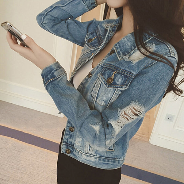 Women Denim Casual Outerwear Long Sleeve Frayed Vintage Jean Jacket