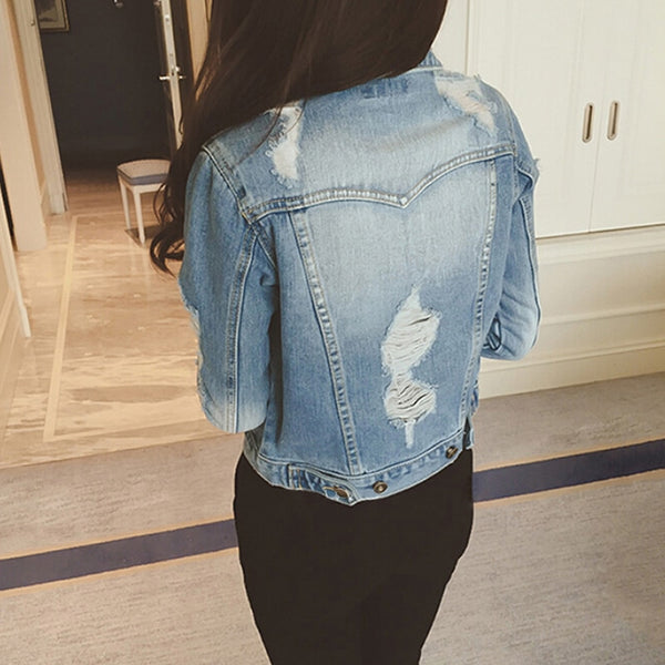 Women Denim Casual Outerwear Long Sleeve Frayed Vintage Jean Jacket
