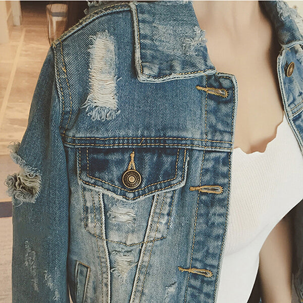 Women Denim Casual Outerwear Long Sleeve Frayed Vintage Jean Jacket