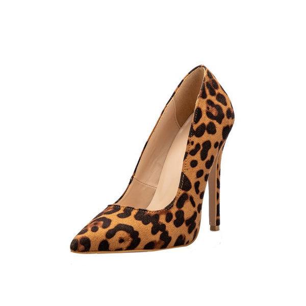 Leopard Casual Heels Women Pumps Shoes Office Lady Pointed Toe Flock Sexy High Heels