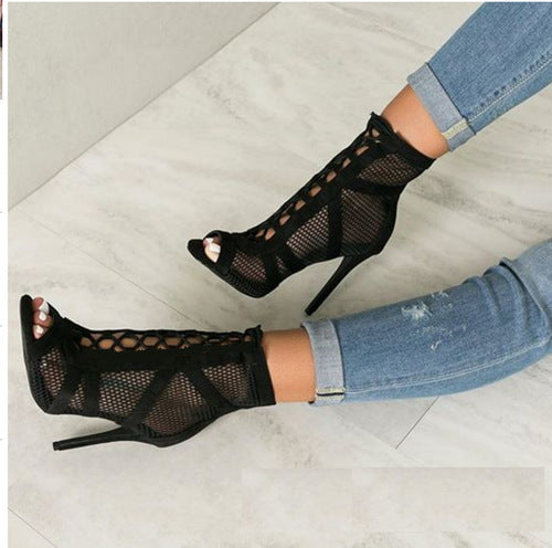 Gladiator Net Hollow Bandage Lace Up High Heel Ankle Strap Peep Toe Stiletto Heels Shoes