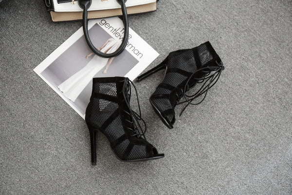 Gladiator Net Hollow Bandage Lace Up High Heel Ankle Strap Peep Toe Stiletto Heels Shoes