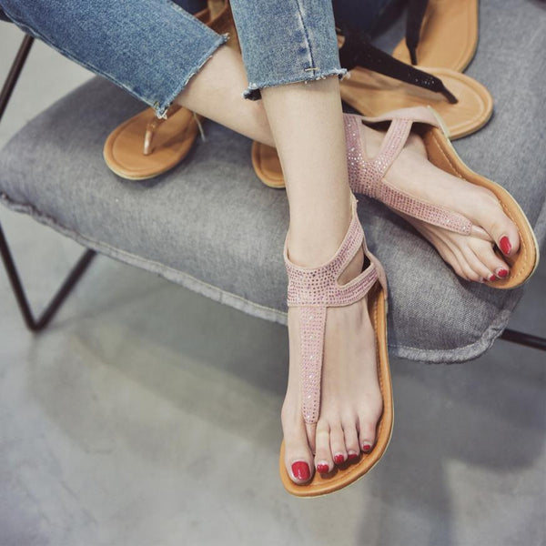 Women Diamond Gladiator Low Flat Flip Flops Sandals