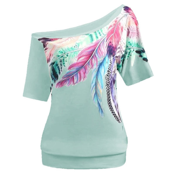 Women's Feather Printed Off Shoulder Blouse