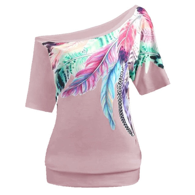 Women's Feather Printed Off Shoulder Blouse