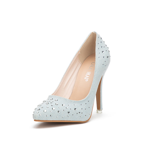 Ladies Rhinestones Blue Shoes Denim Slip-On Thin Heel Office Party Pumps Sexy Pointed Toe High Heels