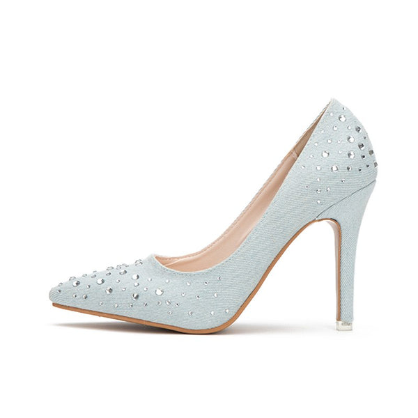 Ladies Rhinestones Blue Shoes Denim Slip-On Thin Heel Office Party Pumps Sexy Pointed Toe High Heels