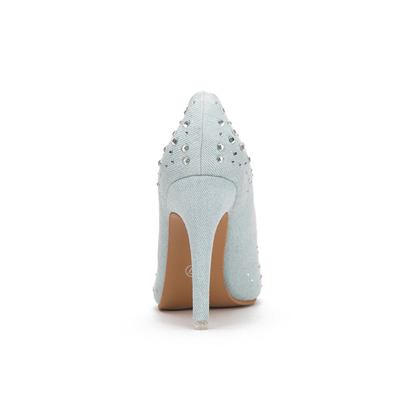 Ladies Rhinestones Blue Shoes Denim Slip-On Thin Heel Office Party Pumps Sexy Pointed Toe High Heels