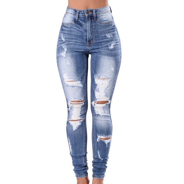 Women Blue Skinny Fashion Ripped Hole High Waist Slim Stretch Denim Trousers Boyfriend Jeans