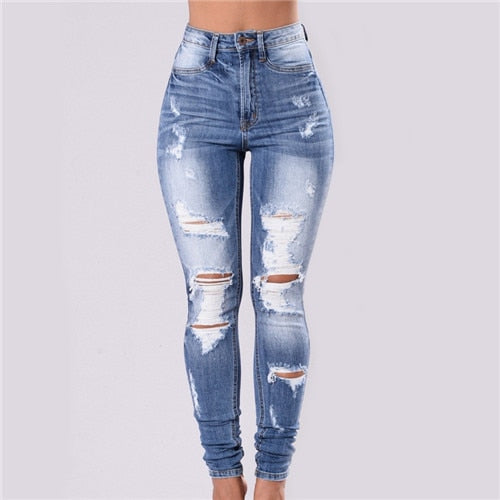 Women Blue Skinny Fashion Ripped Hole High Waist Slim Stretch Denim Trousers Boyfriend Jeans