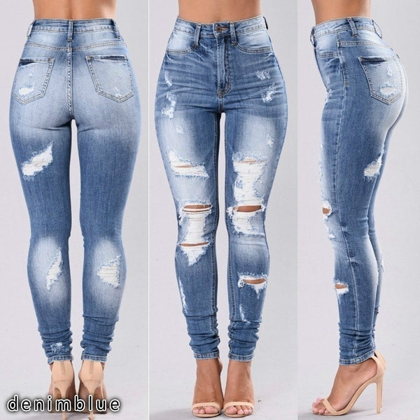 Women Blue Skinny Fashion Ripped Hole High Waist Slim Stretch Denim Trousers Boyfriend Jeans