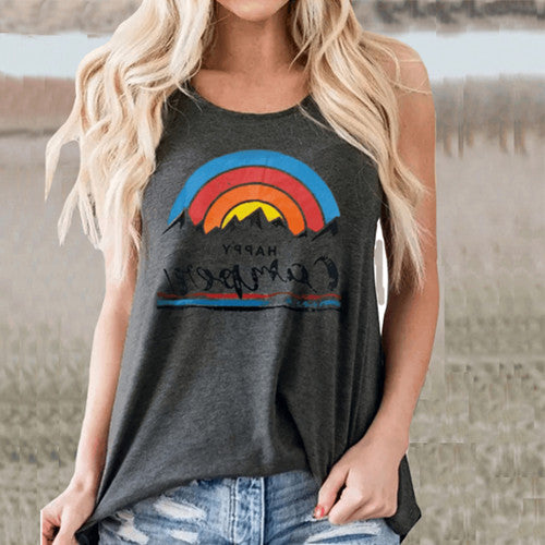 Rainbow Print T-shirt Casual Tee Shirt GOOD VIBES Letters Long Sleeve Tops