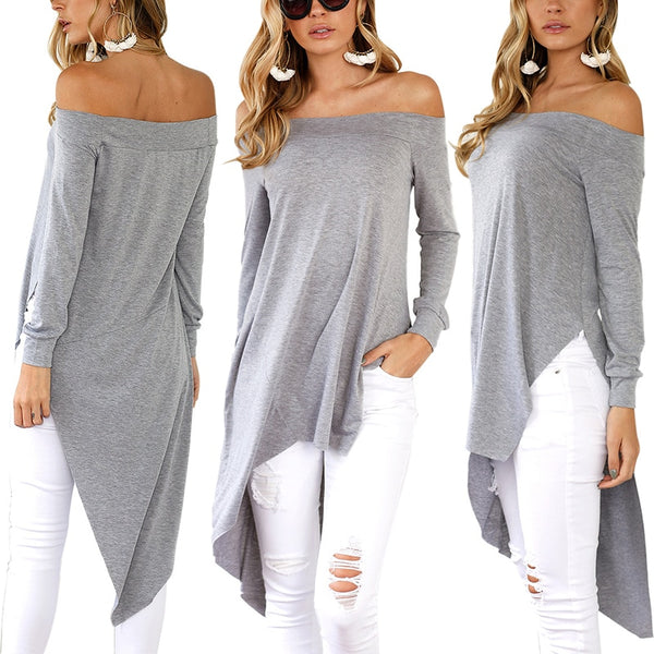 Women Casual Asymmetrical Long Sleeve Sexy Off Shoulder Loose Tops