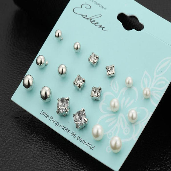 Crystal Simulated Pearl Stud Earrings 18pcs/Set Shiny Lots of Earrings Jewelry For Women Girls
