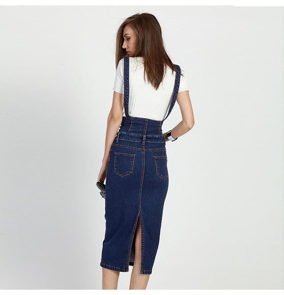 Women's Long Denim  Button Jean High Waist Pencil Skirt With Straps