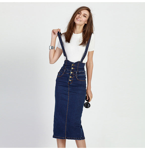 Women's Long Denim  Button Jean High Waist Pencil Skirt With Straps