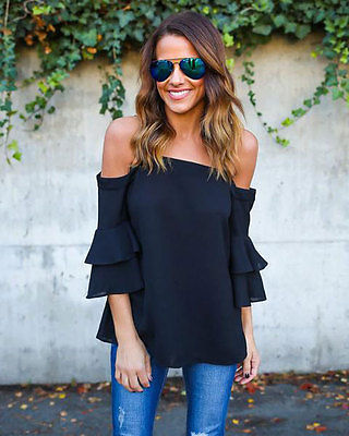 Women Solid Strapless Off Shoulder Loose Casual Blouse