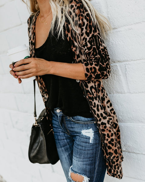 Leopard Cotton Pocketed Cardigan Kimono Blouse