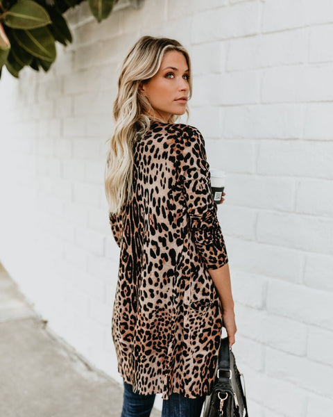 Leopard Cotton Pocketed Cardigan Kimono Blouse